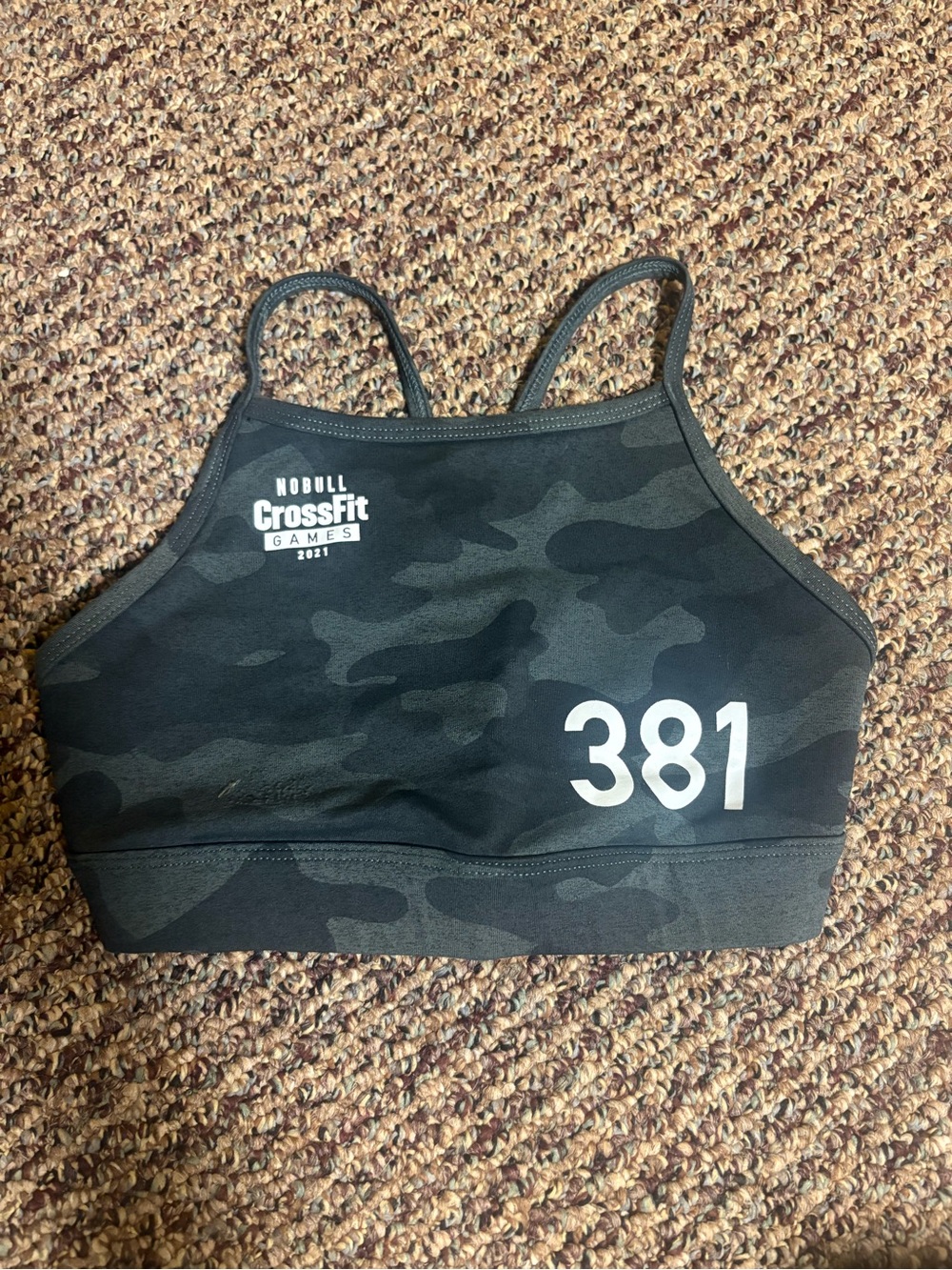 2021 CrossFit Games NOBULL Black Camo Sports Bra with White Numbering